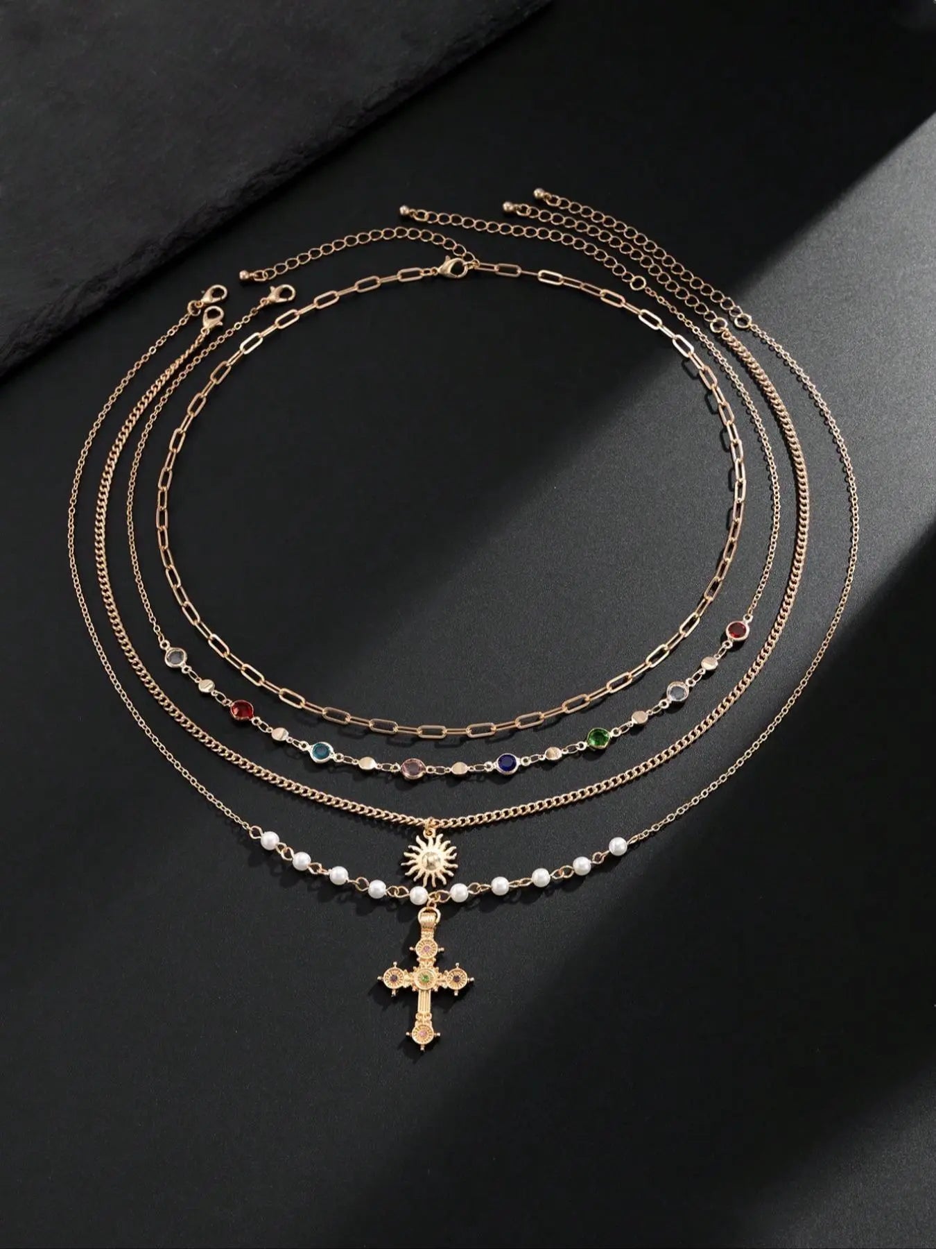 4 Piece Vintage Multi-Color Rhinestone Cross Necklace Set
