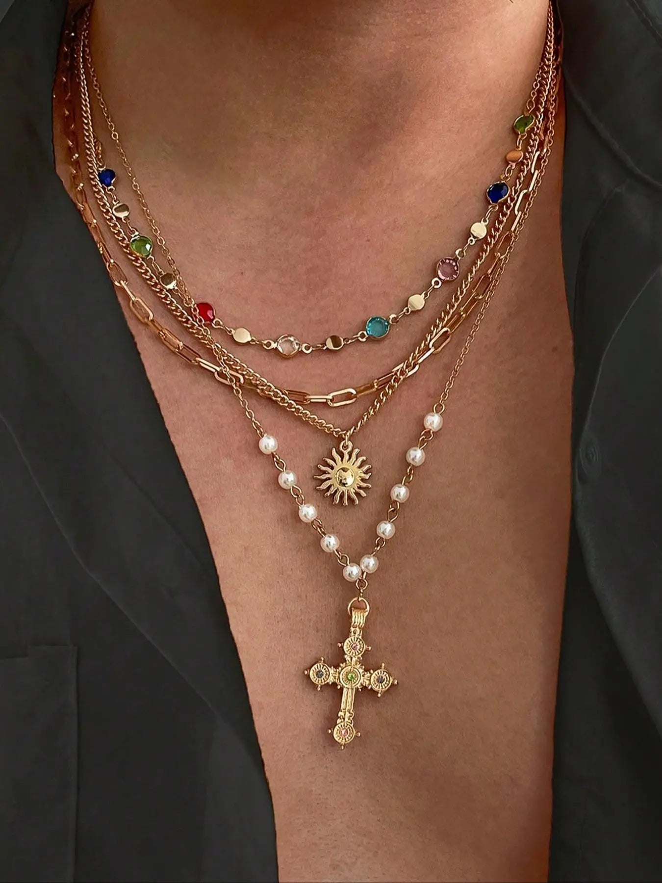 4 Piece Vintage Multi-Color Rhinestone Cross Necklace Set