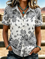 Women's Western Vintage Ethnic Floral Print Lapel Short Sleeve Button Down Shirt