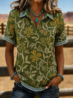 Women'S Geometric Ethnic Print Border V-Neck Western Style Short Sleeved Casual Top