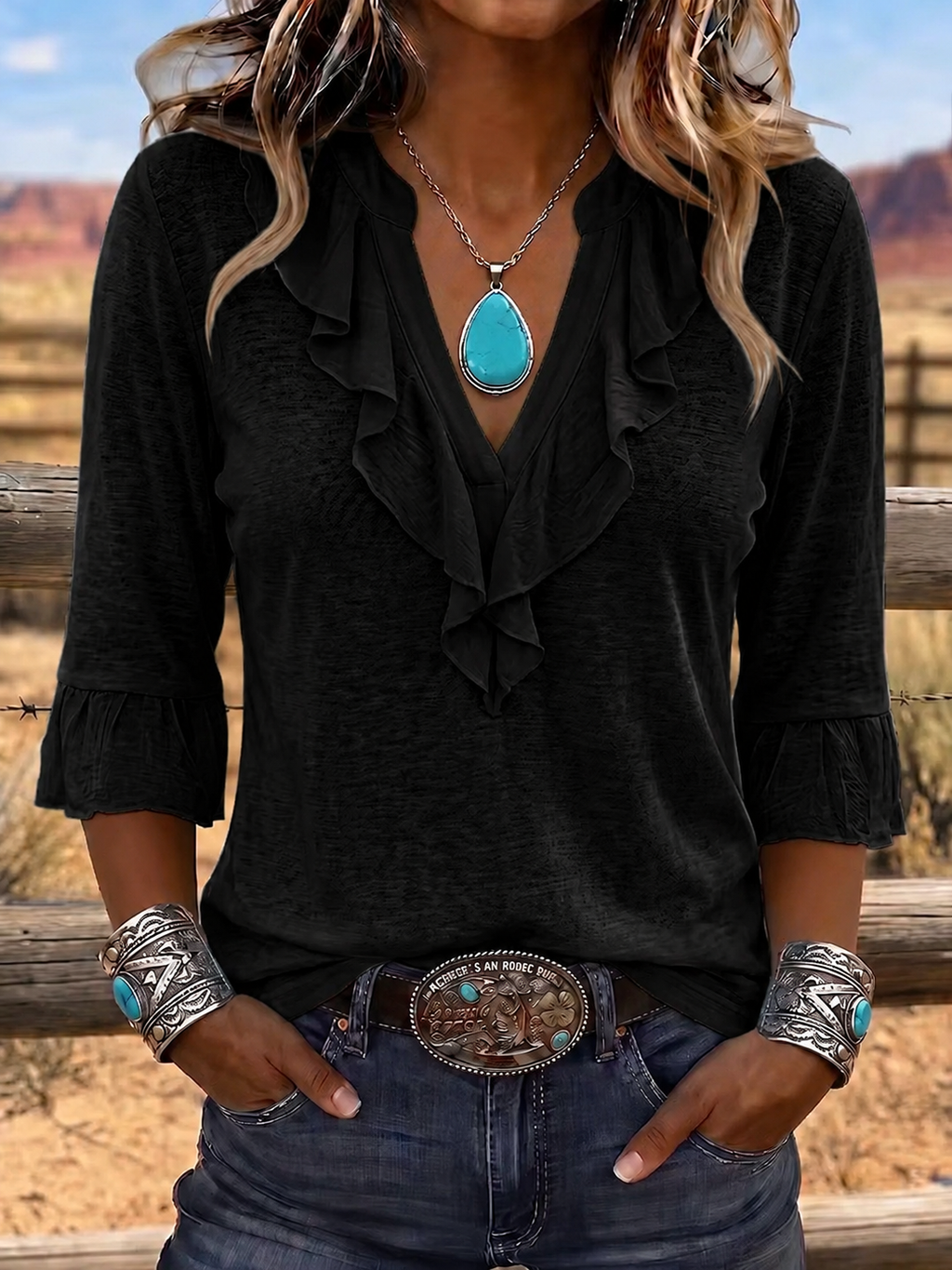 Women'S Casual Western Style V-Neck Ruffled Cotton And Linen Top