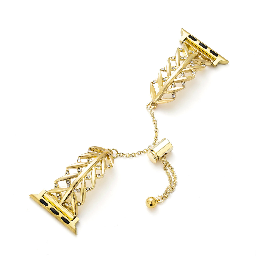 Leaf Rhinestone-Studded Metal Watch Band