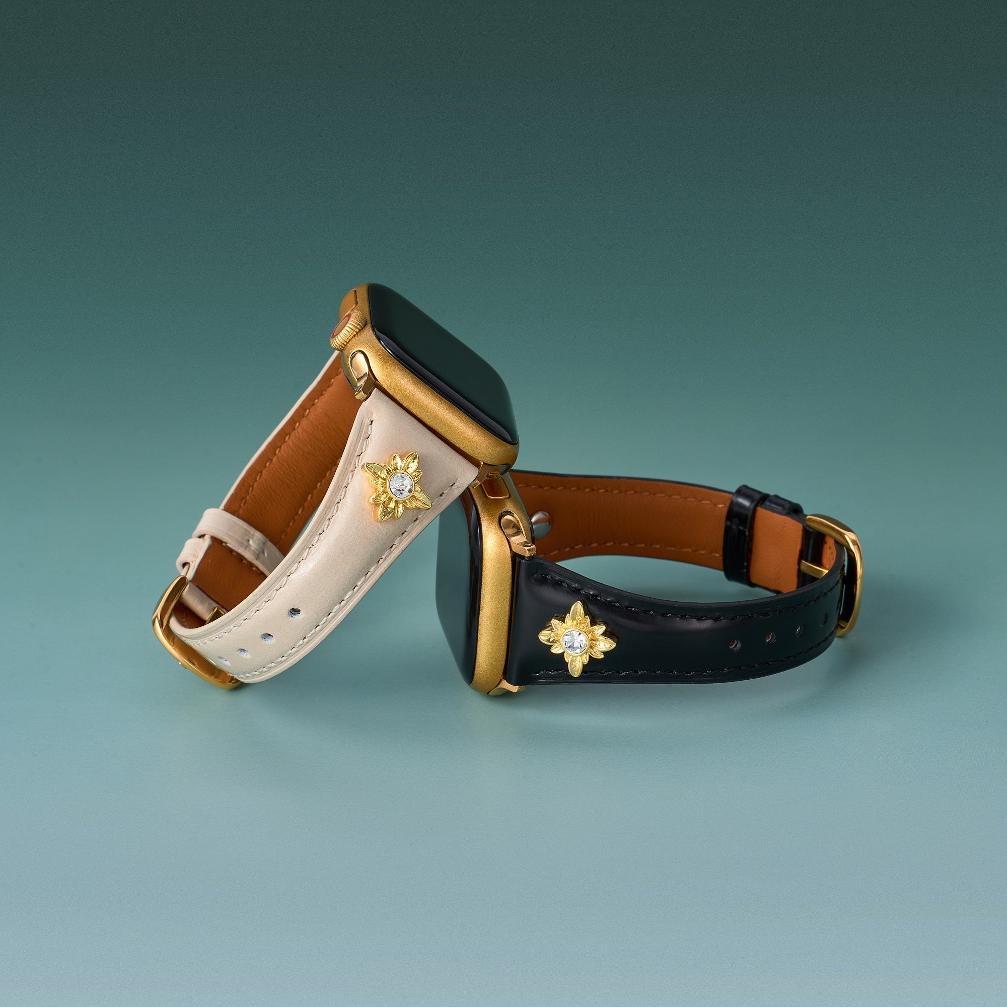 14k Gold / Platinum Plated Floral Accent Leather Watch Band