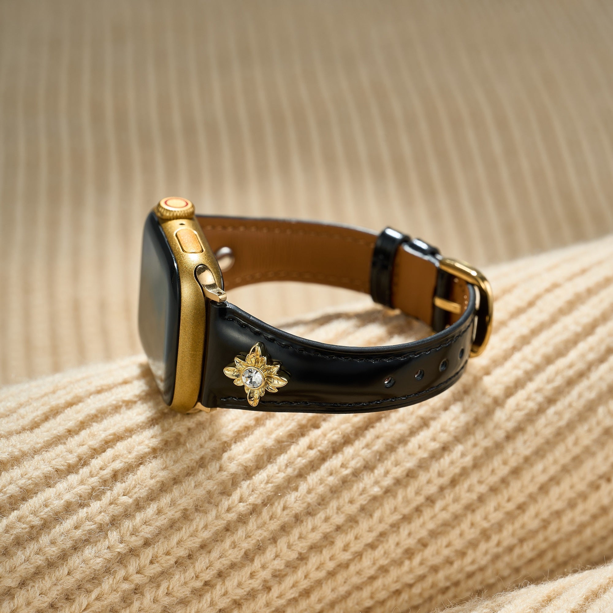 14k Gold / Platinum Plated Floral Accent Leather Watch Band