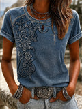 Women'S Western Cross Art Flower Faith Printed Round Neck T-Shirt