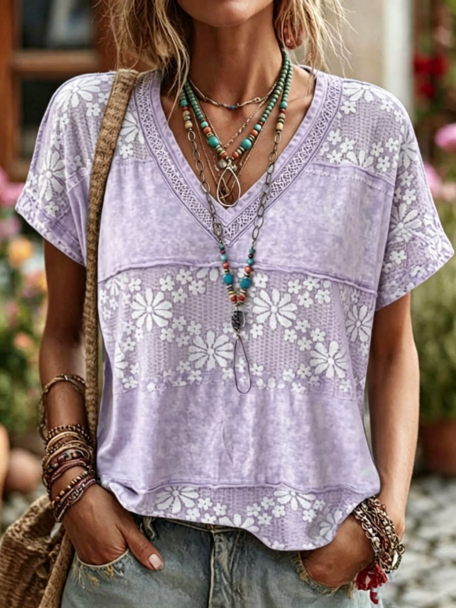 Women'S Casual Short-Sleeve  Floral  Print Cotton-Linen Top