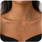 Layered Gold Necklaces for Women, 14K Plated Gold Sterling Silver Plated Dainty Pendant Necklace Set with Cubic Zirconia,Stackable Chain Choker,Trendy Personalized Jewelry Gift Non Tarnish
