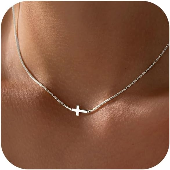 Rotnso Cross Necklace for Women 14K Gold Silver Plated Dainty Small Cross Pendant Choker Simple Trendy Cute Cross Charm Chain Necklace Easter Basket Stuffers Baptism Religious Faith Jewelry Gift