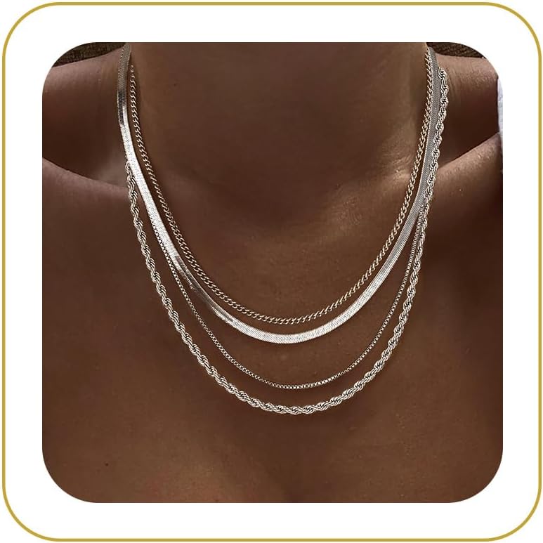 Tewiky Layered Necklaces for Women Non Tarnish- Chunky 14k Gold Plated Herringbone/Snake/Rope/Box/Cuban Link Chain for Women Waterproof Layering Stack Choker Necklace Trendy Dainty Tarnish Free Jewelry Set