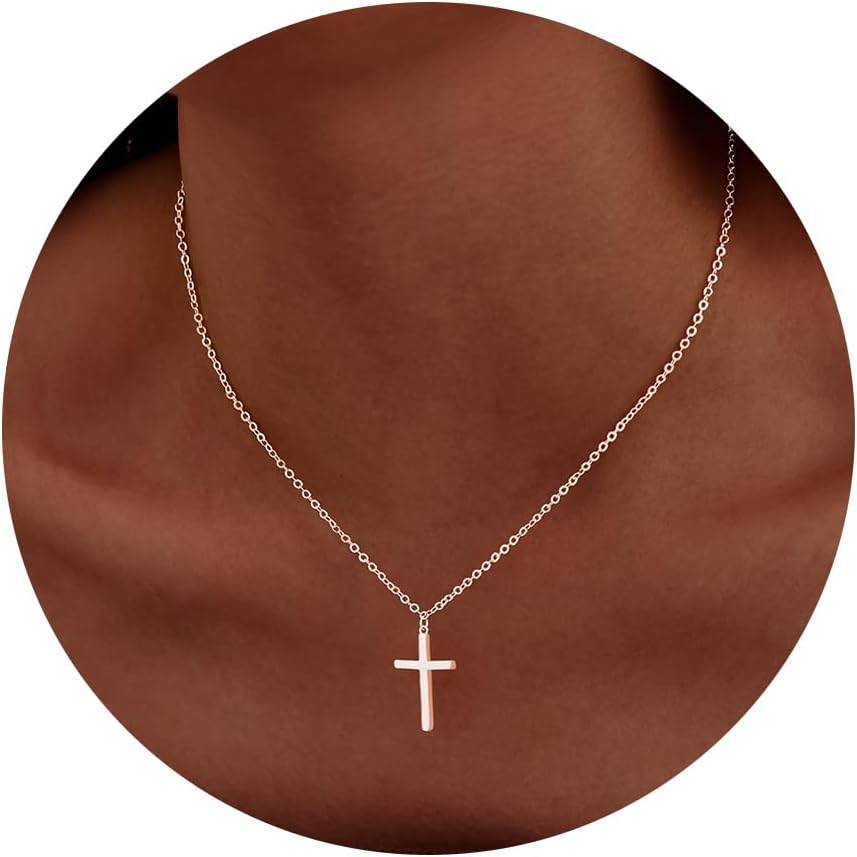 Poxtex Cross Necklace for Women Teen Girls, Dainty 14K Gold Silver Plated Cross Choker Jewelry Non Tarnish Waterproof Cute Simple Small Necklace Christian Baptism Religious Faith Jewelry Gifts