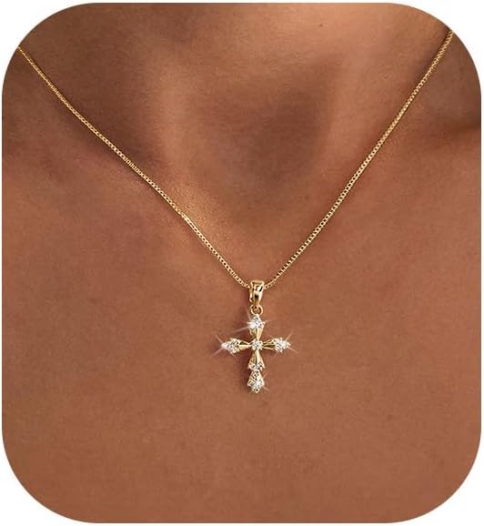 Cross Necklace for Women,Double Cross Necklace 14K Gold Plated Cross Pendant Necklace Dainty Gold Cross Necklaces for Women Trendy Small Cross Charm Necklace Simple Cute Choker Necklaces Gold Jewery