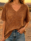 Women's Retro Western Print V-Neck Top