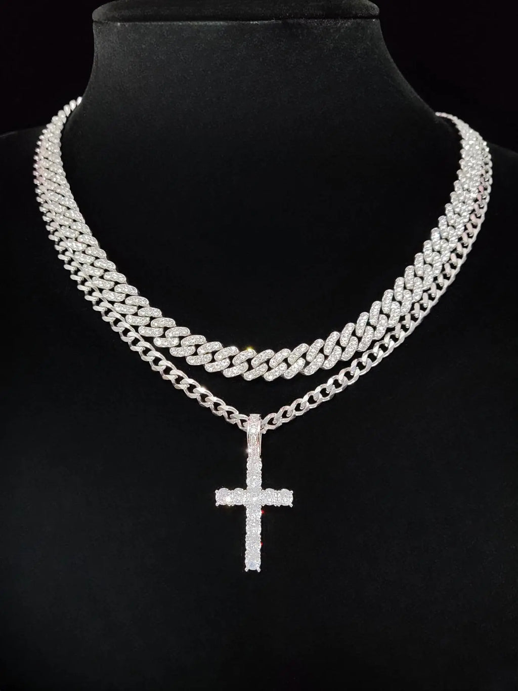 Zircon Inlaid Cross Pendant & Cuban Chain Necklace