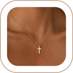 Rotnso Cross Necklace for Women 14K Gold Silver Plated Dainty Small Cross Pendant Choker Simple Trendy Cute Cross Charm Chain Necklace Easter Basket Stuffers Baptism Religious Faith Jewelry Gift