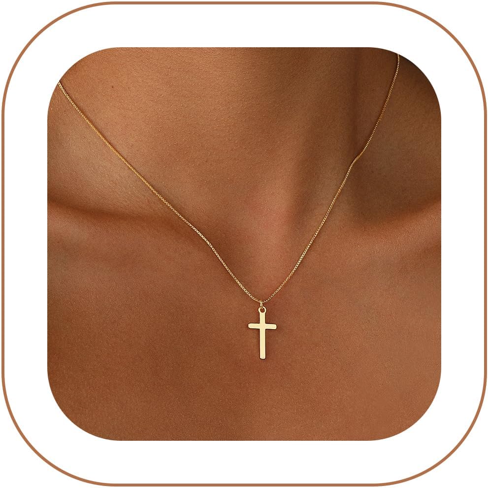 Rotnso Cross Necklace for Women 14K Gold Silver Plated Dainty Small Cross Pendant Choker Simple Trendy Cute Cross Charm Chain Necklace Easter Basket Stuffers Baptism Religious Faith Jewelry Gift