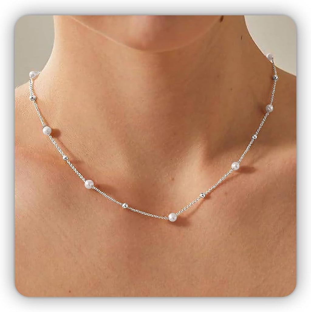 SmileBelle Pearl Necklaces, Daisy Pearls Choker for Women's Pearl Strand Necklaces as Silver and Gold Choker for Teens, Silver Daisy Birthday Gifts 3 Pearls White Necklace as Prom Bridesmaid gifts