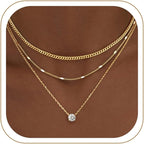 WomenGifts Layered Gold Necklaces for Women, 14K Gold Sterling Silver Plated Dainty Pendant Necklace Set Non Tarnish, Chunky Stackable Cuban Chain Choker, Trendy Birthstone Vacation Jewelry Gift