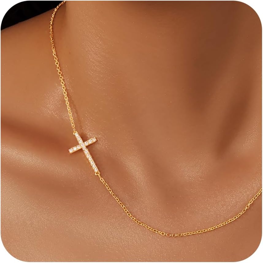 Poxtex Cross Necklace for Women Teen Girls, Dainty 14K Gold Silver Plated Cross Choker Jewelry Non Tarnish Waterproof Cute Simple Small Necklace Christian Baptism Religious Faith Jewelry Gifts
