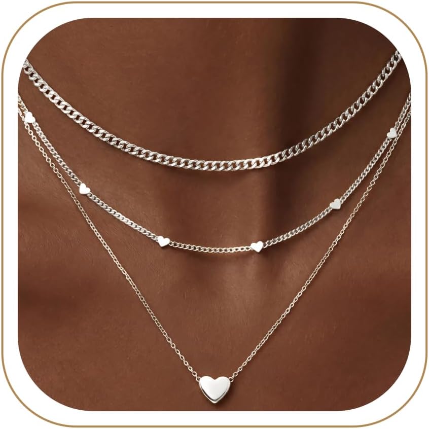 WomenGifts Layered Gold Necklaces for Women, 14K Gold Sterling Silver Plated Dainty Pendant Necklace Set Non Tarnish, Chunky Stackable Cuban Chain Choker, Trendy Birthstone Vacation Jewelry Gift