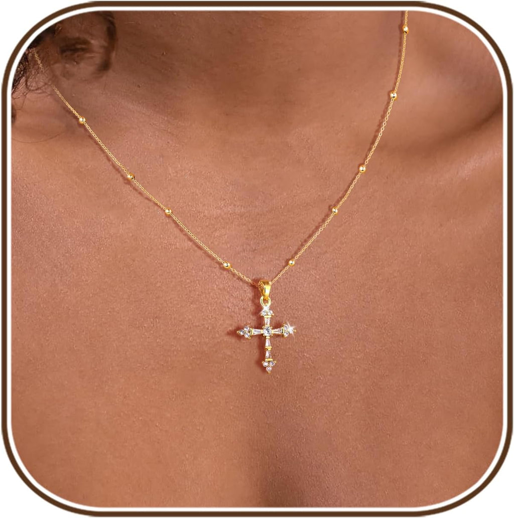 Cross Necklace for Women,Double Cross Necklace 14K Gold Plated Cross Pendant Necklace Dainty Gold Cross Necklaces for Women Trendy Small Cross Charm Necklace Simple Cute Choker Necklaces Gold Jewery