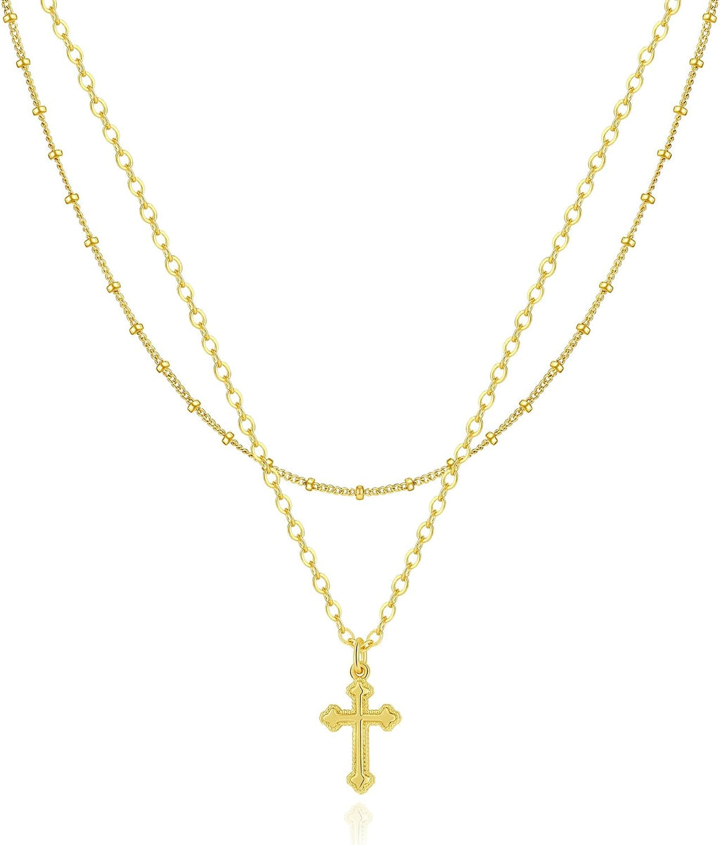 Rotnso Cross Necklace for Women 14K Gold Silver Plated Dainty Small Cross Pendant Choker Simple Trendy Cute Cross Charm Chain Necklace Easter Basket Stuffers Baptism Religious Faith Jewelry Gift