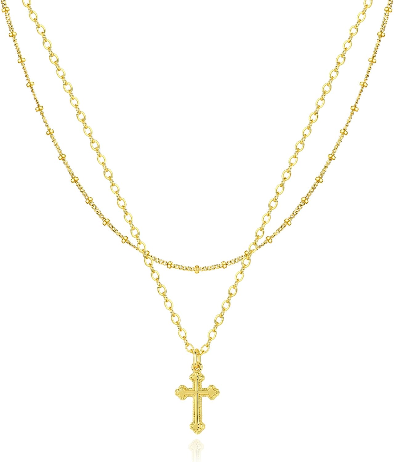 Rotnso Cross Necklace for Women 14K Gold Silver Plated Dainty Small Cross Pendant Choker Simple Trendy Cute Cross Charm Chain Necklace Easter Basket Stuffers Baptism Religious Faith Jewelry Gift