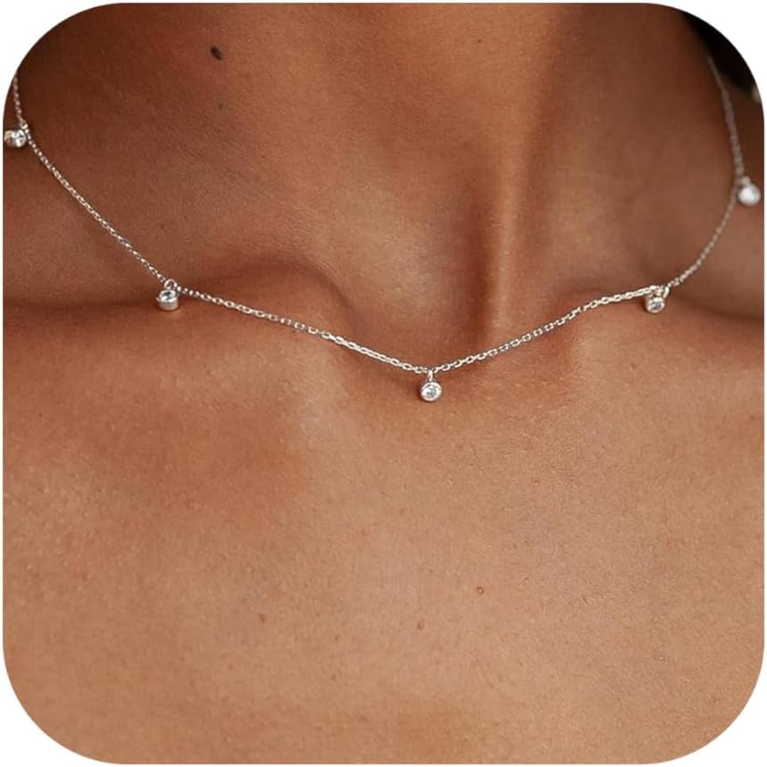 Dainty Silver Gold Necklaces for Women Cute Station Choker Simulated Diamond Necklace Simple Layering CZ Necklace Trendy Jewelry Gifts