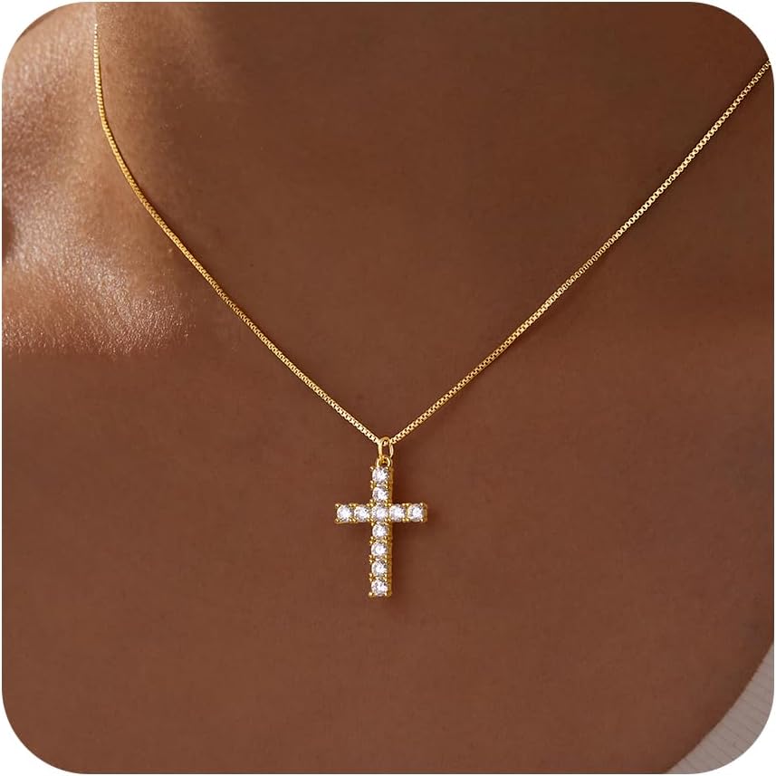 Poxtex Cross Necklace for Women Teen Girls, Dainty 14K Gold Silver Plated Cross Choker Jewelry Non Tarnish Waterproof Cute Simple Small Necklace Christian Baptism Religious Faith Jewelry Gifts