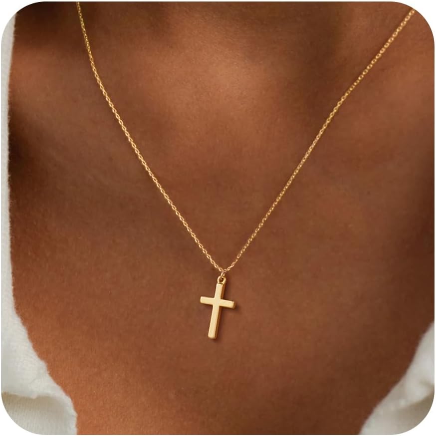 Poxtex Cross Necklace for Women Teen Girls, Dainty 14K Gold Silver Plated Cross Choker Jewelry Non Tarnish Waterproof Cute Simple Small Necklace Christian Baptism Religious Faith Jewelry Gifts