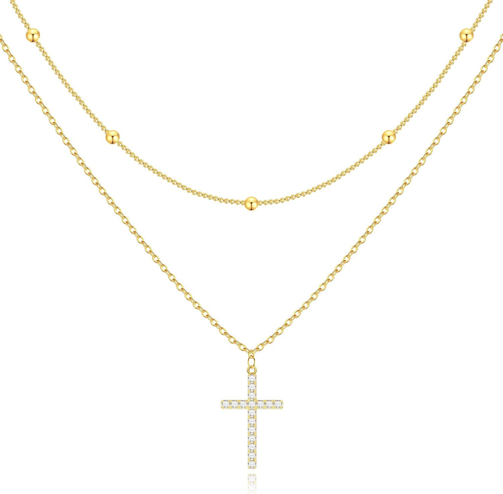 Poxtex Cross Necklace for Women Teen Girls, Dainty 14K Gold Silver Plated Cross Choker Jewelry Non Tarnish Waterproof Cute Simple Small Necklace Christian Baptism Religious Faith Jewelry Gifts
