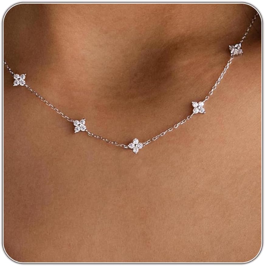 Dainty Silver Gold Necklaces for Women Cute Station Choker Simulated Diamond Necklace Simple Layering CZ Necklace Trendy Jewelry Gifts