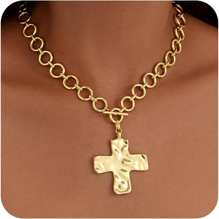 Poxtex Cross Necklace for Women Teen Girls, Dainty 14K Gold Silver Plated Cross Choker Jewelry Non Tarnish Waterproof Cute Simple Small Necklace Christian Baptism Religious Faith Jewelry Gifts