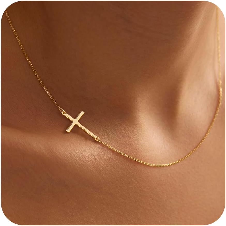 Poxtex Cross Necklace for Women Teen Girls, Dainty 14K Gold Silver Plated Cross Choker Jewelry Non Tarnish Waterproof Cute Simple Small Necklace Christian Baptism Religious Faith Jewelry Gifts