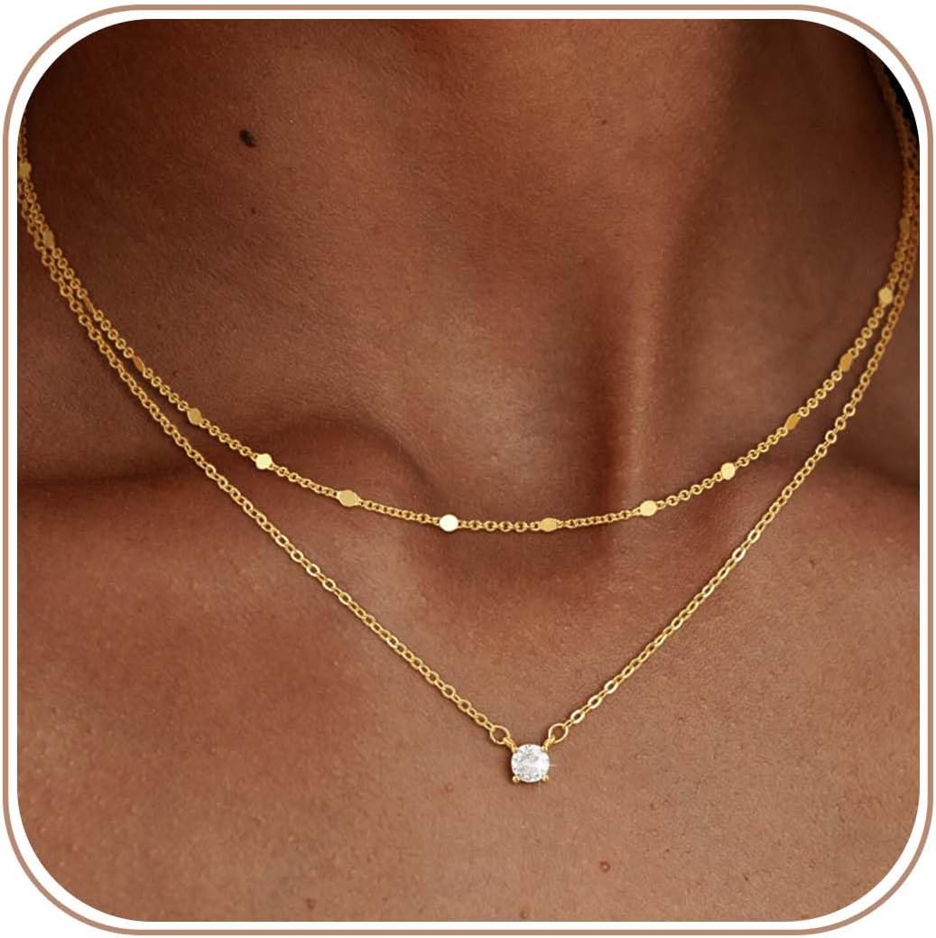Layered Gold Necklaces for Women, 14K Plated Gold Sterling Silver Plated Dainty Pendant Necklace Set with Cubic Zirconia,Stackable Chain Choker,Trendy Personalized Jewelry Gift Non Tarnish