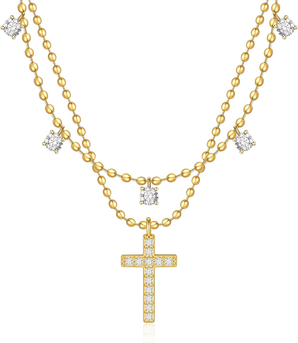 Rotnso Cross Necklace for Women 14K Gold Silver Plated Dainty Small Cross Pendant Choker Simple Trendy Cute Cross Charm Chain Necklace Easter Basket Stuffers Baptism Religious Faith Jewelry Gift
