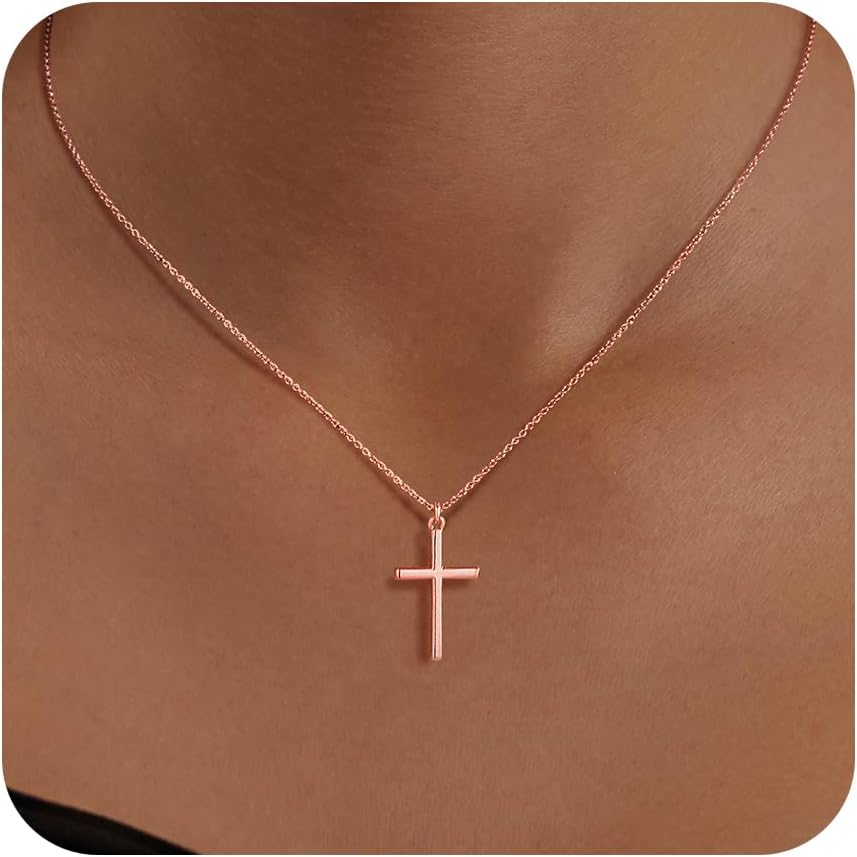 Poxtex Cross Necklace for Women Teen Girls, Dainty 14K Gold Silver Plated Cross Choker Jewelry Non Tarnish Waterproof Cute Simple Small Necklace Christian Baptism Religious Faith Jewelry Gifts