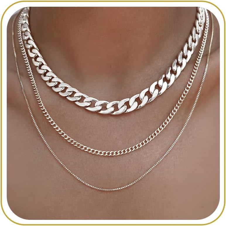 Tewiky Layered Necklaces for Women Non Tarnish- Chunky 14k Gold Plated Herringbone/Snake/Rope/Box/Cuban Link Chain for Women Waterproof Layering Stack Choker Necklace Trendy Dainty Tarnish Free Jewelry Set