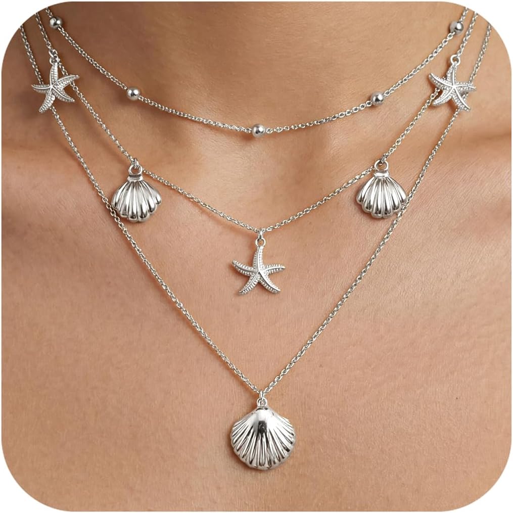 WomenGifts Layered Gold Necklaces for Women, 14K Gold Sterling Silver Plated Dainty Pendant Necklace Set Non Tarnish, Chunky Stackable Cuban Chain Choker, Trendy Birthstone Vacation Jewelry Gift