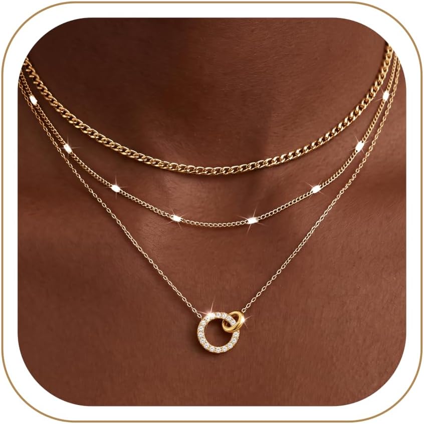 WomenGifts Layered Gold Necklaces for Women, 14K Gold Sterling Silver Plated Dainty Pendant Necklace Set Non Tarnish, Chunky Stackable Cuban Chain Choker, Trendy Birthstone Vacation Jewelry Gift
