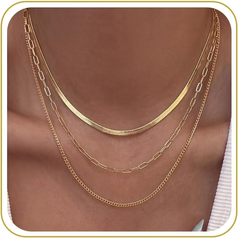 Tewiky Layered Necklaces for Women Non Tarnish- Chunky 14k Gold Plated Herringbone/Snake/Rope/Box/Cuban Link Chain for Women Waterproof Layering Stack Choker Necklace Trendy Dainty Tarnish Free Jewelry Set