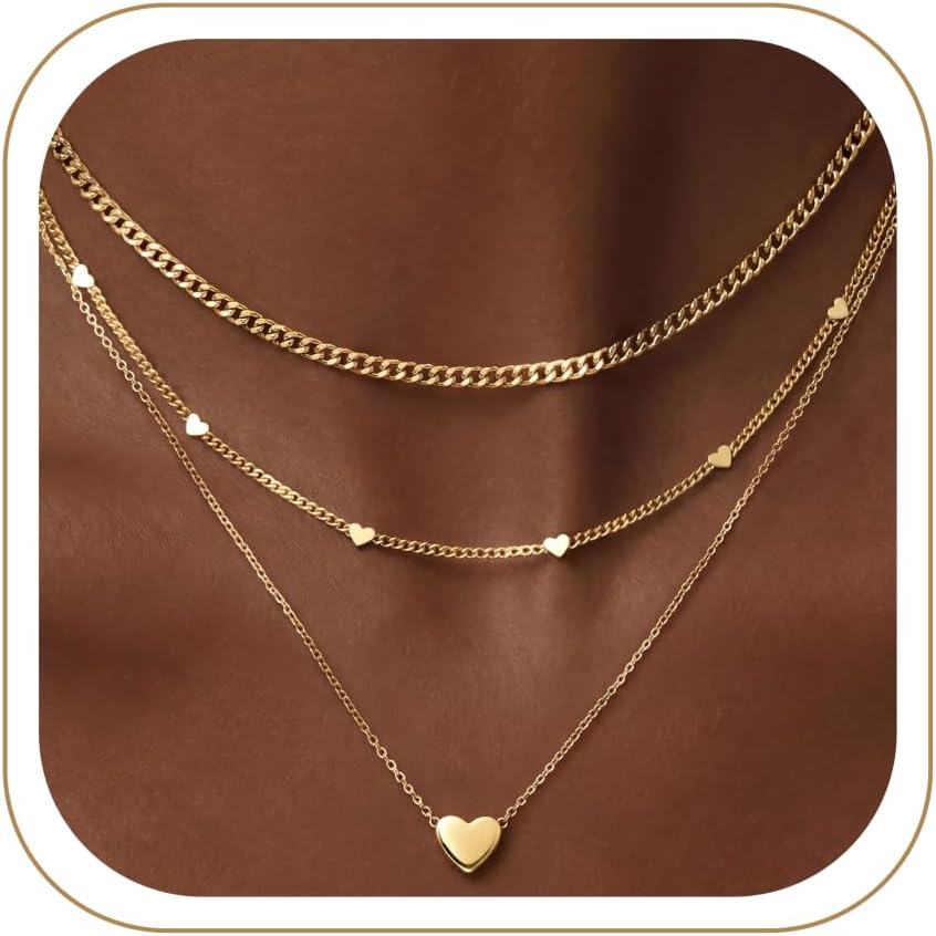 WomenGifts Layered Gold Necklaces for Women, 14K Gold Sterling Silver Plated Dainty Pendant Necklace Set Non Tarnish, Chunky Stackable Cuban Chain Choker, Trendy Birthstone Vacation Jewelry Gift