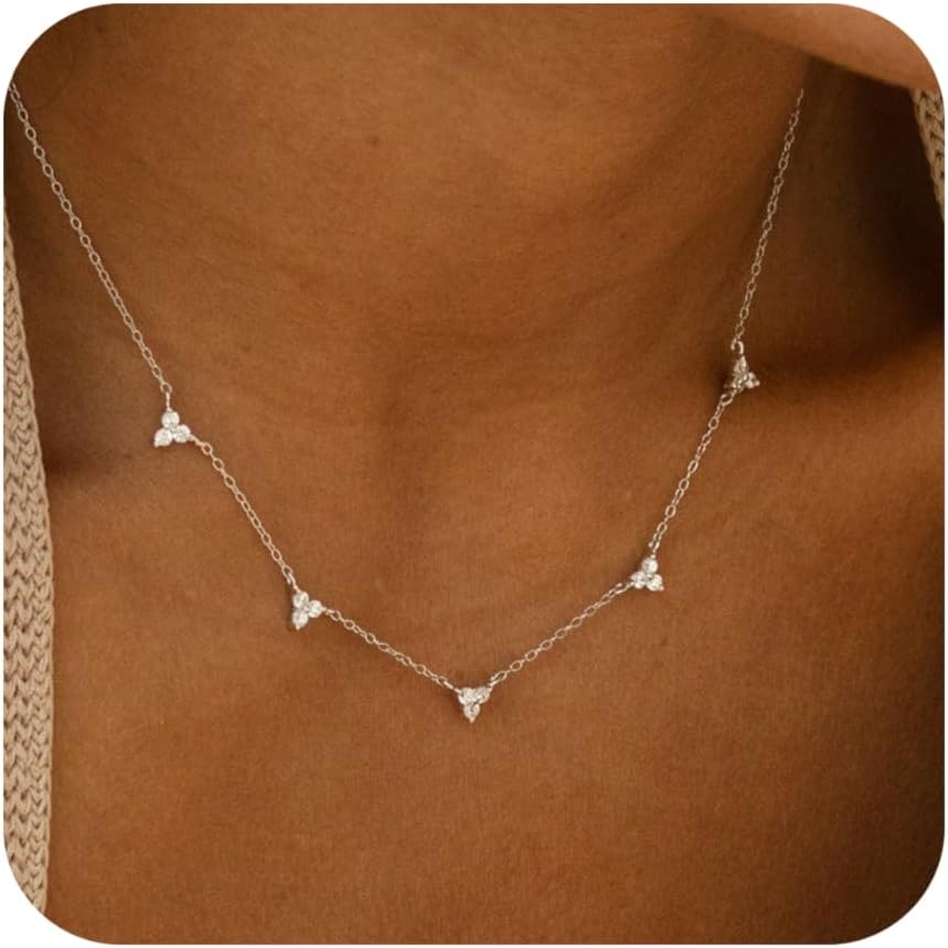 Dainty Silver Gold Necklaces for Women Cute Station Choker Simulated Diamond Necklace Simple Layering CZ Necklace Trendy Jewelry Gifts