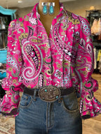 Women's Casual Western Puff Sleeve Patterned Shirt