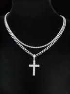 Zircon Inlaid Cross Pendant & Cuban Chain Necklace