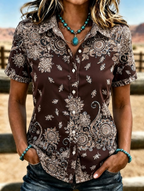 Women's Western Vintage Ethnic Floral Print Lapel Short Sleeve Button Down Shirt