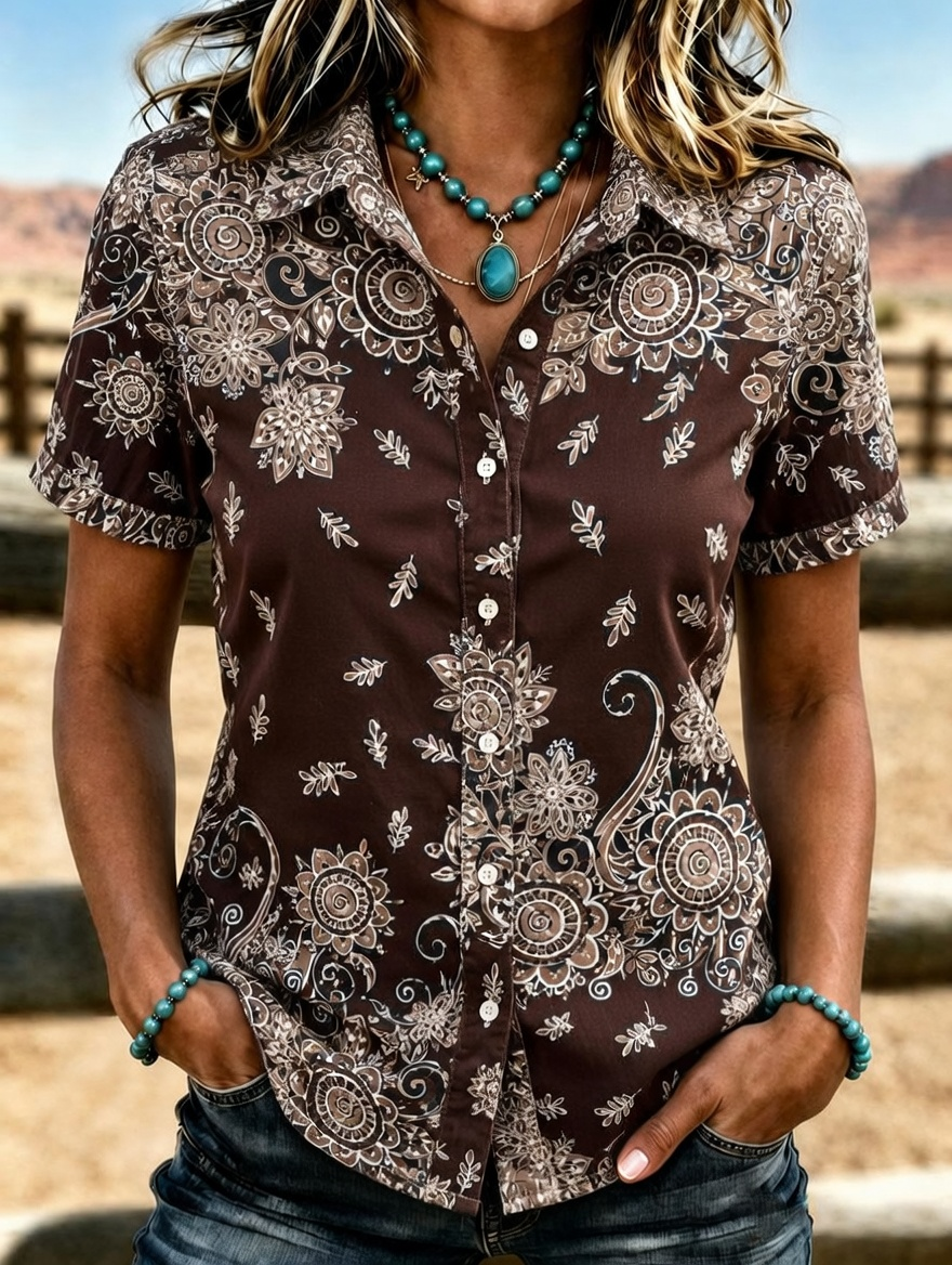 Women's Western Vintage Ethnic Floral Print Lapel Short Sleeve Button Down Shirt