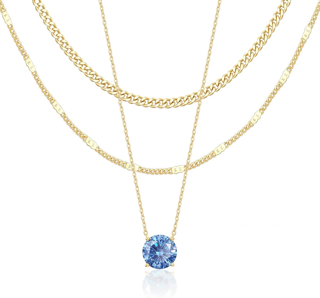 WomenGifts Layered Gold Necklaces for Women, 14K Gold Sterling Silver Plated Dainty Pendant Necklace Set Non Tarnish, Chunky Stackable Cuban Chain Choker, Trendy Birthstone Vacation Jewelry Gift