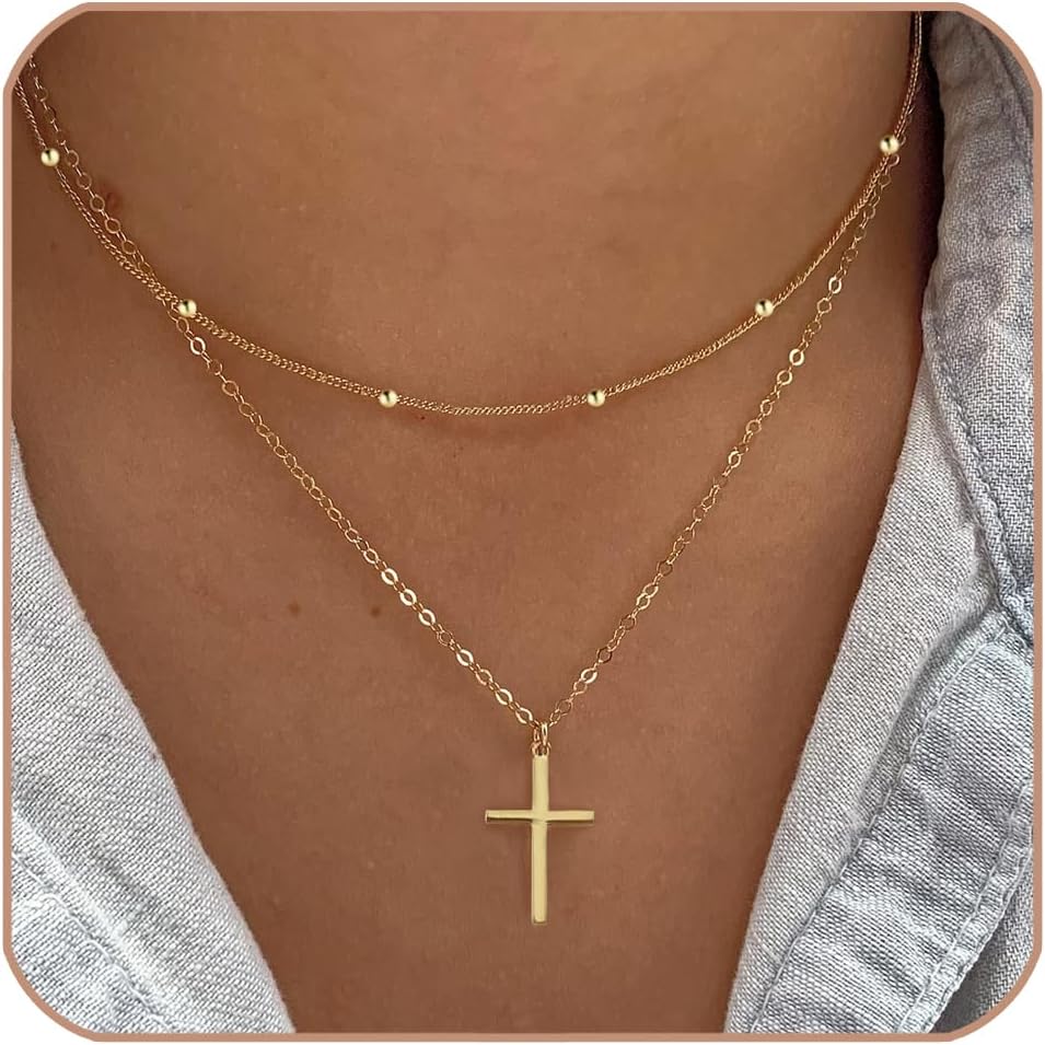 Poxtex Cross Necklace for Women Teen Girls, Dainty 14K Gold Silver Plated Cross Choker Jewelry Non Tarnish Waterproof Cute Simple Small Necklace Christian Baptism Religious Faith Jewelry Gifts