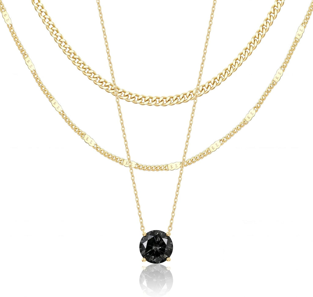 WomenGifts Layered Gold Necklaces for Women, 14K Gold Sterling Silver Plated Dainty Pendant Necklace Set Non Tarnish, Chunky Stackable Cuban Chain Choker, Trendy Birthstone Vacation Jewelry Gift