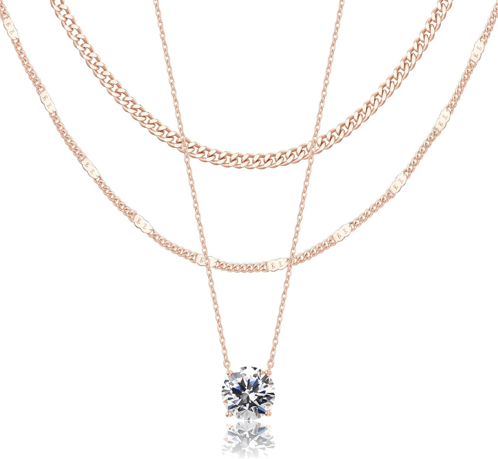 WomenGifts Layered Gold Necklaces for Women, 14K Gold Sterling Silver Plated Dainty Pendant Necklace Set Non Tarnish, Chunky Stackable Cuban Chain Choker, Trendy Birthstone Vacation Jewelry Gift